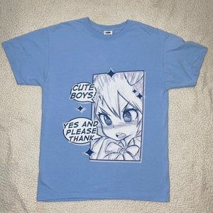 ‘Cute Boys! Yes And Please Thank’ Anime Meme Graphic Print T-Shirt: Size Medium